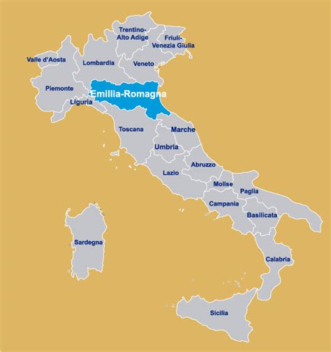 Mappa dell'Italia con evidenziata la regione Emilia-Romagna, dove si trova lo stabilimento di produzione