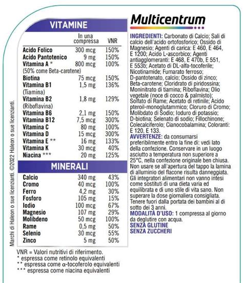 Composizione vitaminica e minerale di Multicentrum Donna 50+
