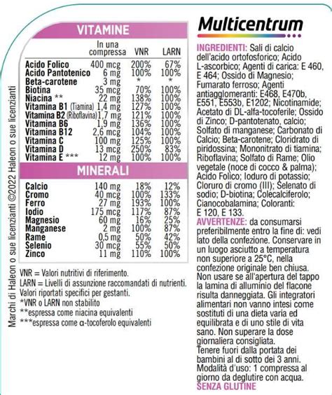 Composizione vitaminica di Multicentrum Mamma