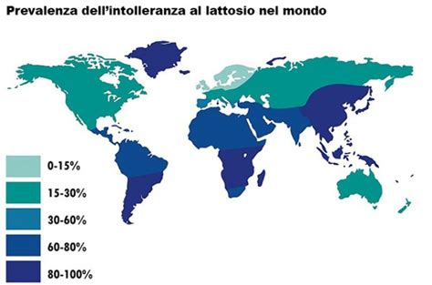 Mappa delle aree geografiche con maggiore prevalenza di intolleranza al lattosio