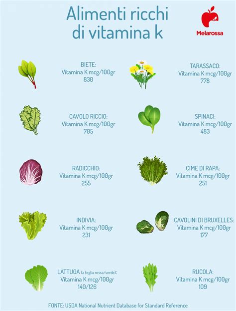 Tabella comparativa dei principali alimenti ricchi di vitamina K