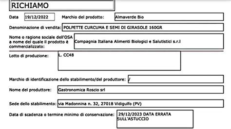 Avviso di richiamo prodotto alimentare