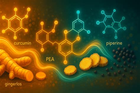 Schema che illustra la sinergia tra piperina e curcumina