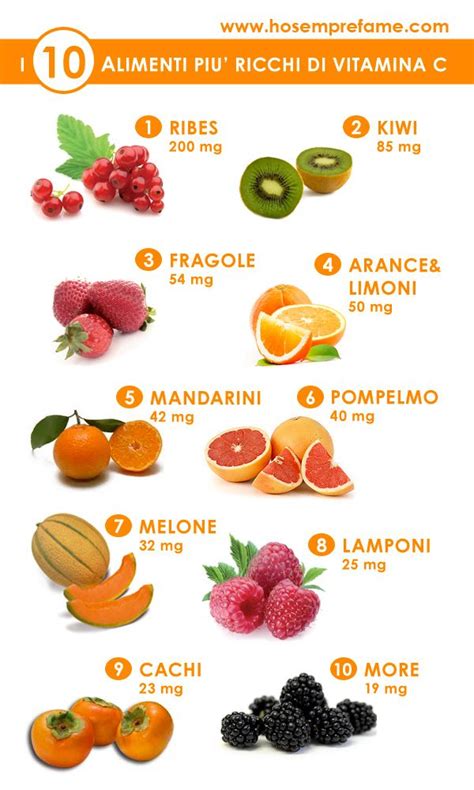 Immagine di vari frutti e verdure ricchi di Vitamina C