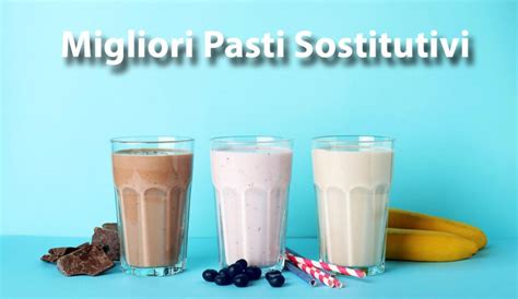 Immagine di diversi tipi di pasti sostitutivi: barrette, shake, zuppe