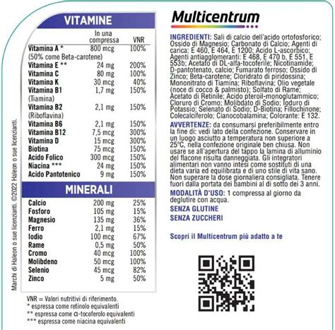Composizione di vitamine e minerali in Multicentrum