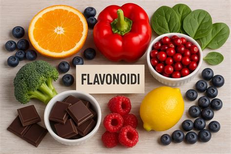 Immagine di frutta e verdura ricca di flavonoidi come mele, cipolle e frutti di bosco