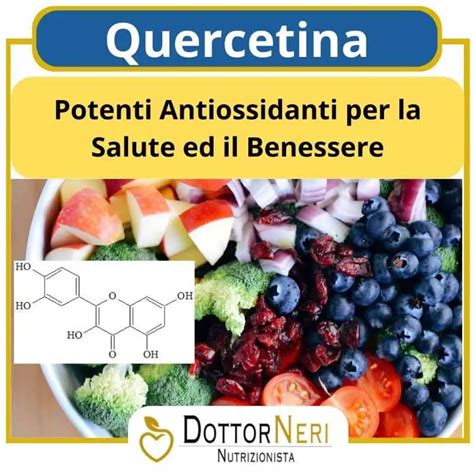 Schema che illustra le proprietà benefiche della quercetina (antiossidante, antinfiammatoria, antivirale, antitumorale)